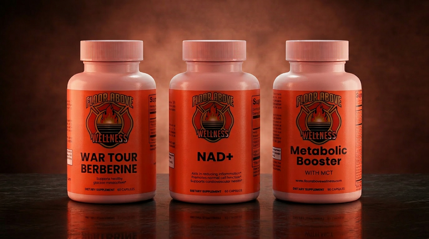 Floor Above Wellness The Fat-Off Stack supplement bundle for firefighters — Berberine + NAD+ + Metabolism Boost with MCT. Drop the shift