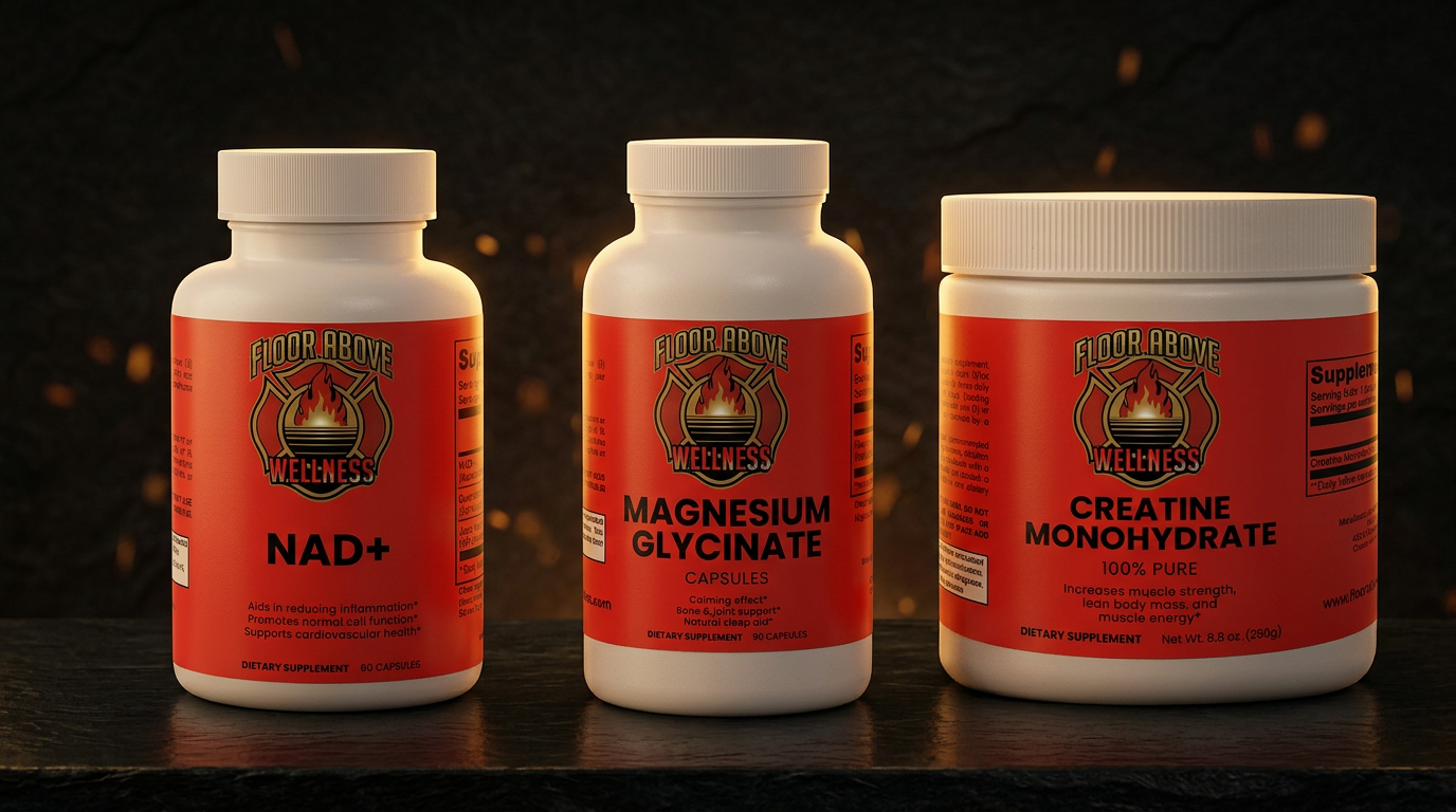 Floor Above Wellness Promo Exam Focus Stack supplement bundle for firefighters — NAD+ + Magnesium Glycinate + Creatine Monohydrate. Mental sh