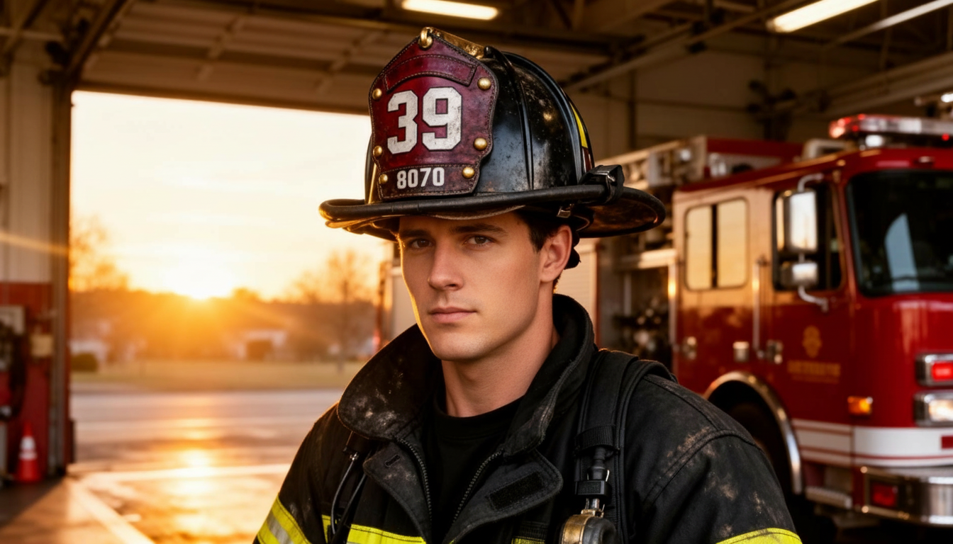 FDNY firefighter occupational athlete standing in firehouse bay at sunrise ready for shift work